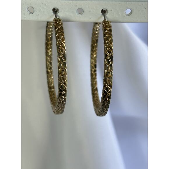 Lovely Gold Tone, Textured Hoop Earrings. Marked CN/RJG. Measures 2" - Picture 1 of 3